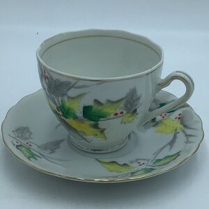 Kasuga Ware Japan Hand Painted Fine China Holly Teacup and Saucer